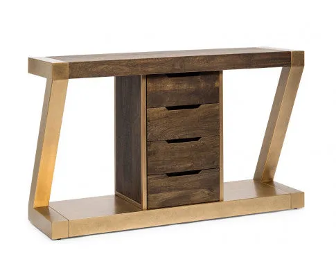 Contemporary Brass Wooden Z-Shaped Hallway Console Table with Drawers