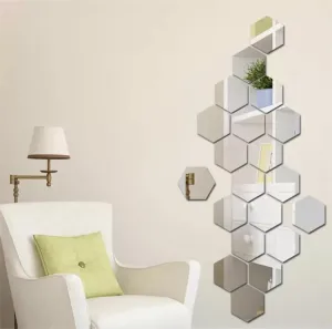 DecorWear 20 Hexagon Mirror Silver Plastic Wall Stickers for Wall Size (10.5x12.1) Cm Acrylic Mirror Wall Decor Sticker, Wall Mirror Stickers, 3D Hexagonal Mirror Wall Sticker (C-20HexaSilver)