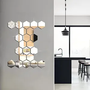 DecorWear 22 Hexagon Mirror Silver Plastic Wall Stickers for Wall Size (10.5x12.1) Cm Acrylic Mirror Wall Decor Sticker, Wall Mirror Stickers, 3D Hexagonal Mirror Wall Sticker (A-22HexaSilver)