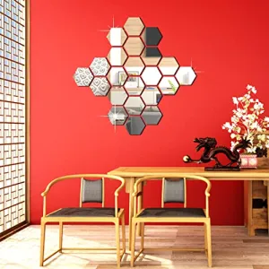 DecorWear 22 Hexagon Mirror Silver Plastic Wall Stickers for Wall Size (10.5x12.1) Cm Acrylic Mirror Wall Decor Sticker, Wall Mirror Stickers, 3D Hexagonal Mirror Wall Sticker (B-22HexaSilver)