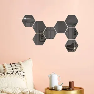DecorWear 8 Hexagon Mirror Wall Stickers Black Mirror Stickers for Wall Stickers for Wall Size (10.5x12.1) Cm Acrylic Mirror Wall Decor Sticker, 3D Wall Mirror Stickers, Unframed Hexagonal Stickers