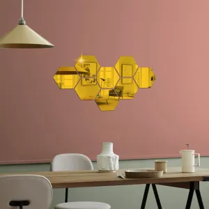 DecorWear 8 Hexagon Mirror Wall Stickers Gold Mirror Stickers for Wall Stickers for Wall Size (10.5x12.1) Cm 3D Acrylic Mirror Wall Decor Sticker, Wall Mirror Stickers, Unframed Hexagonal Stickers