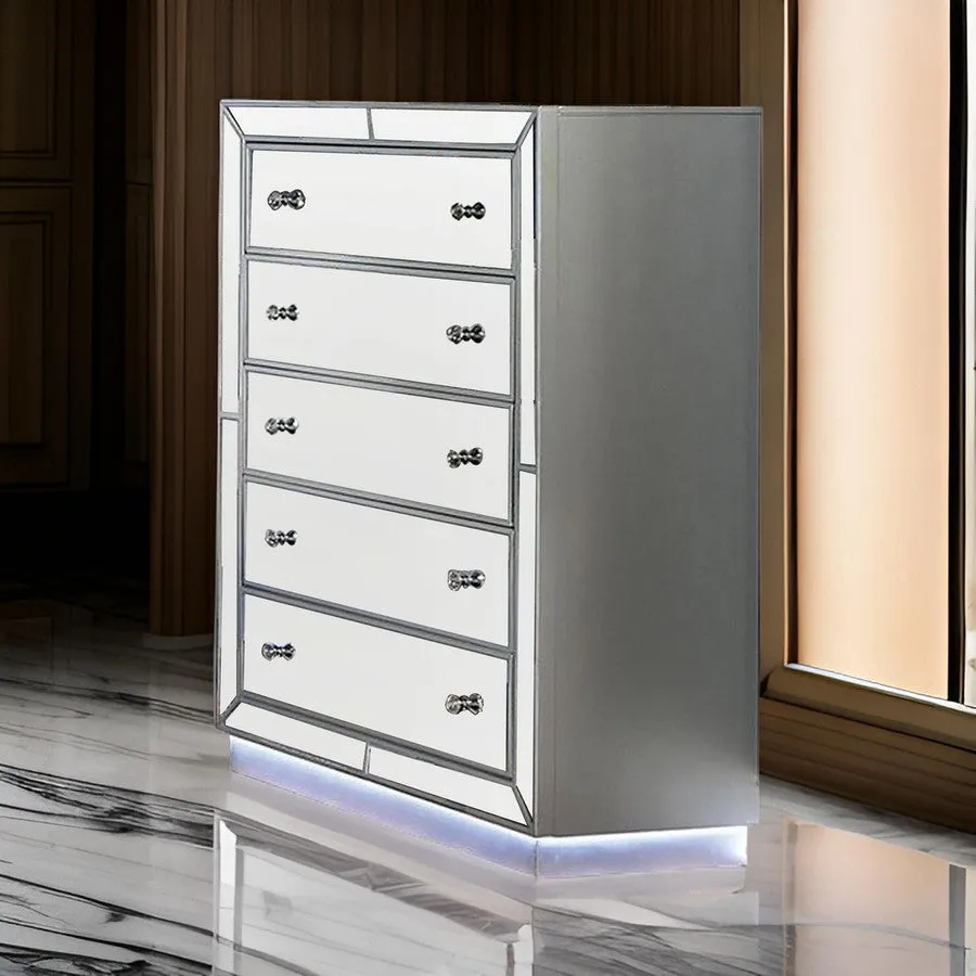 Donna 50 Inch Tall Dresser Chest, 5 Drawers, LED, Silver and Mirror Finish By Casagear Home