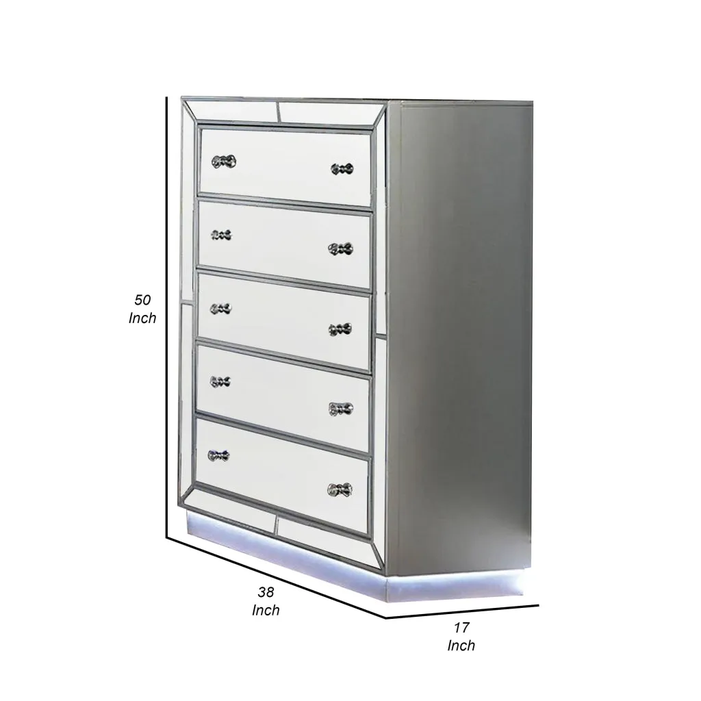 Donna 50 Inch Tall Dresser Chest, 5 Drawers, LED, Silver and Mirror Finish By Casagear Home