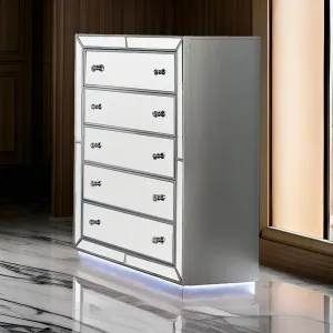 Donna 50 Inch Tall Dresser Chest, 5 Drawers, LED, Silver and Mirror Finish By Casagear Home