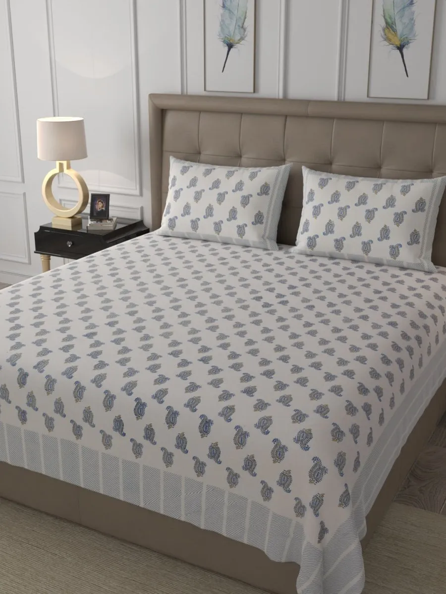 Elegant Hand Block Paisley Print Pure Cotton Super King Size Bedding Set