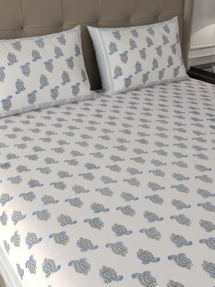 Elegant Hand Block Paisley Print Pure Cotton Super King Size Bedding Set