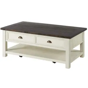 Fiya 50 Inch Coastal Coffee Table with 2 Drawers and 1 Shelf, Brown, White By Casagear Home