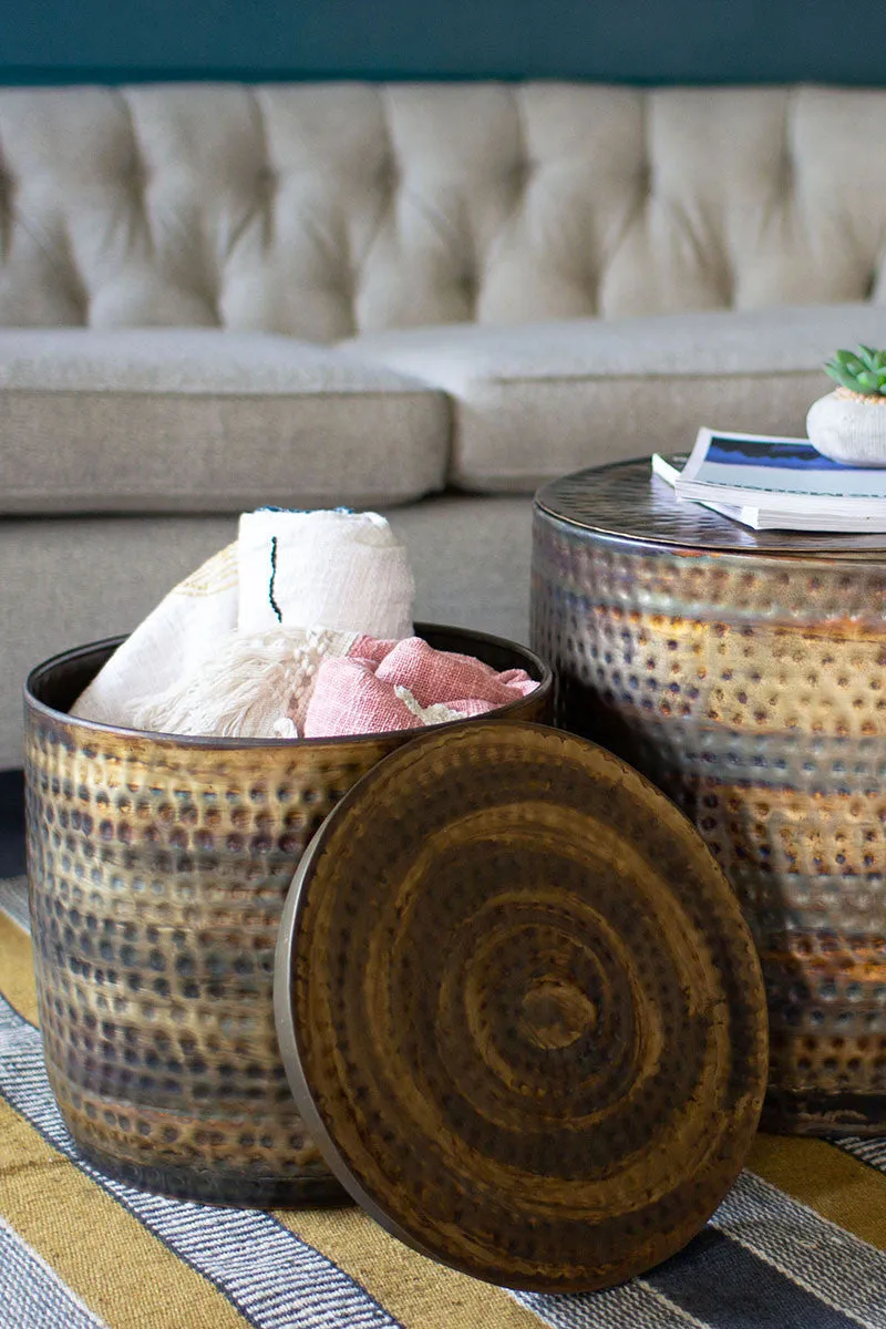 Hammered Rustic Copper & Brass Storage Tables