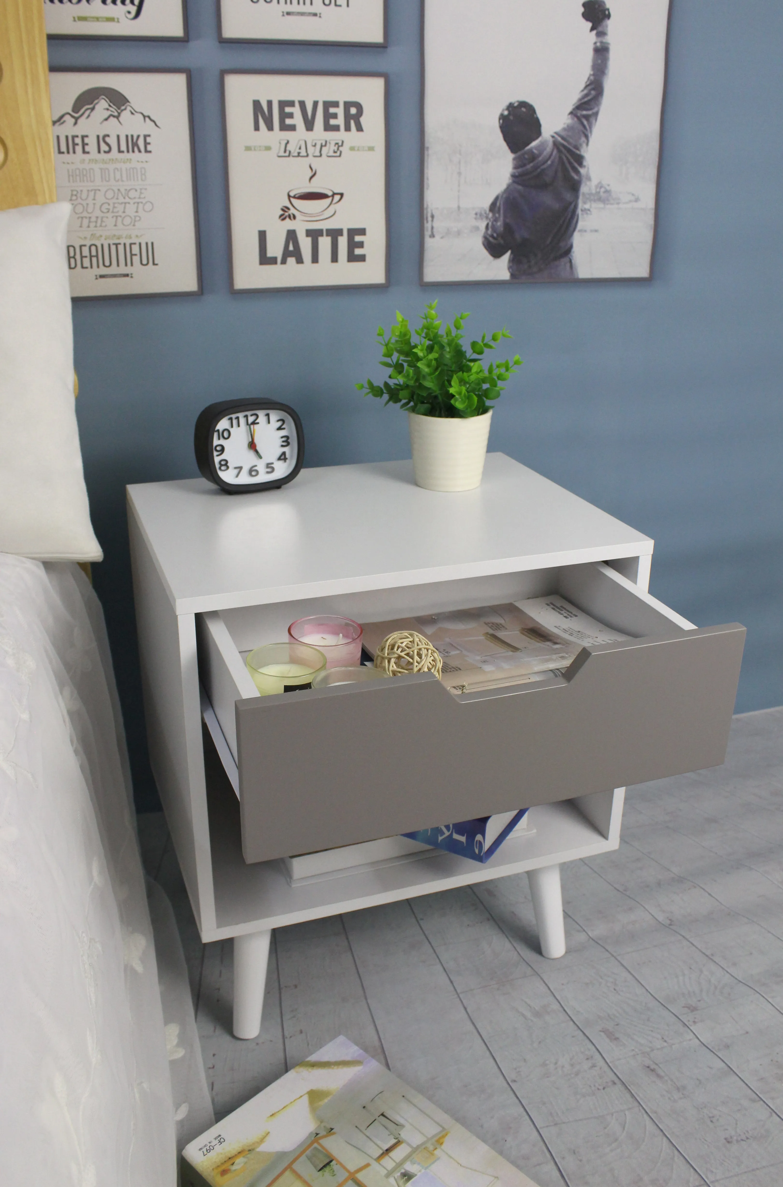 Ileni Bedside Table W/ 1 Drawer, Nightstand Lamp Desk for Bedroom-White/Grey