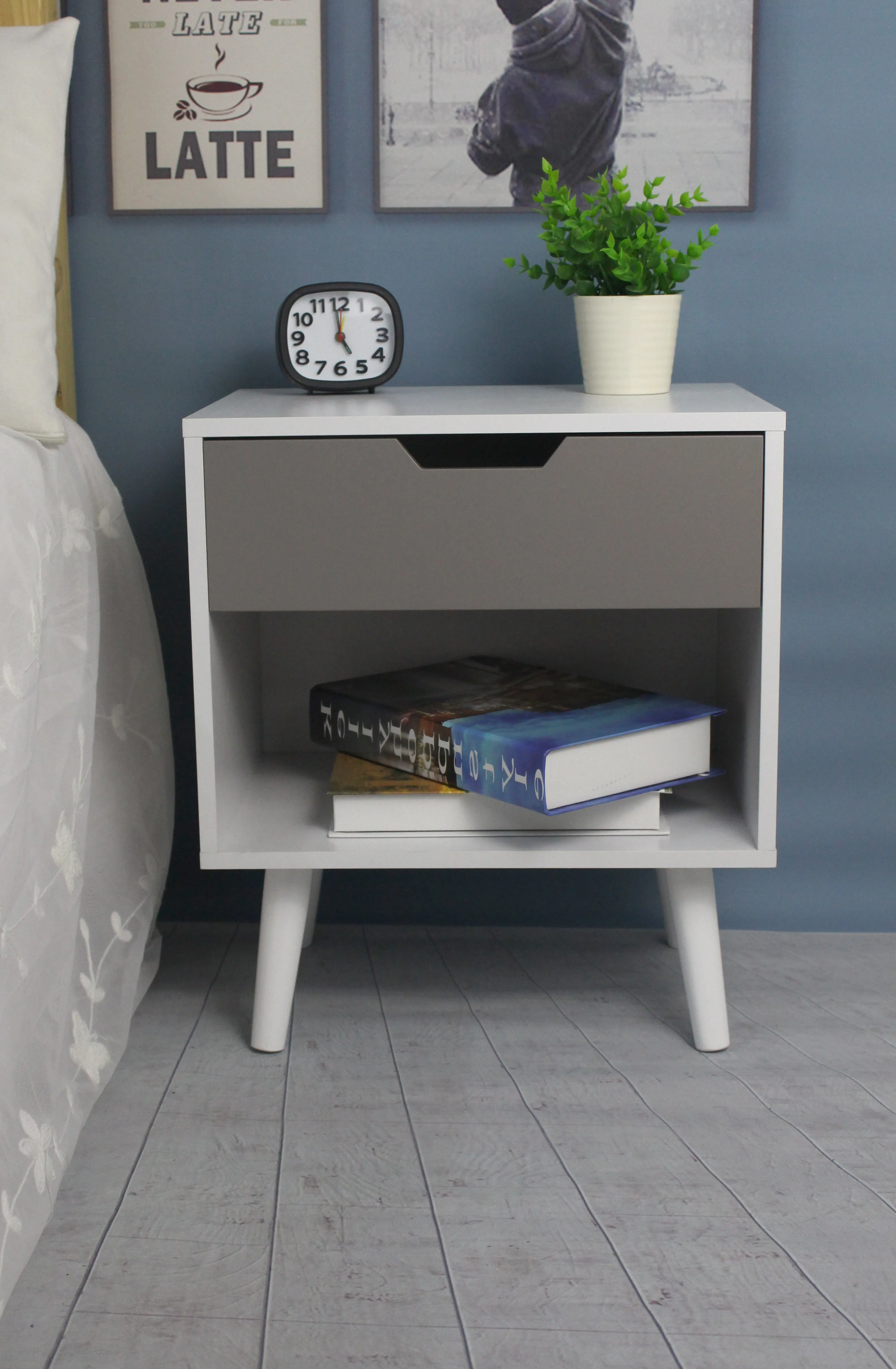 Ileni Bedside Table W/ 1 Drawer, Nightstand Lamp Desk for Bedroom-White/Grey