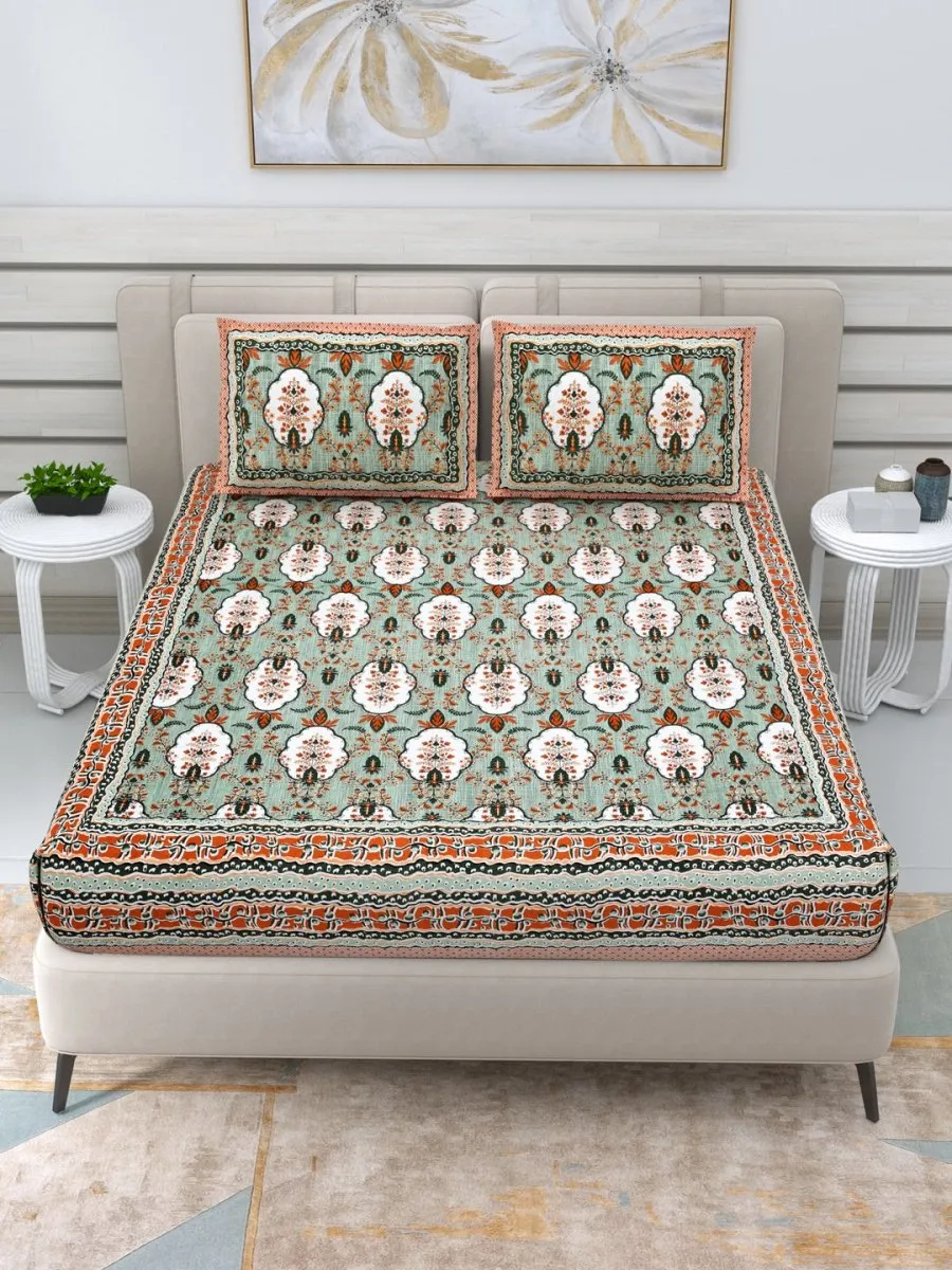 Jaipuri Hand Printed Queen Size Cotton Bedding Set -649