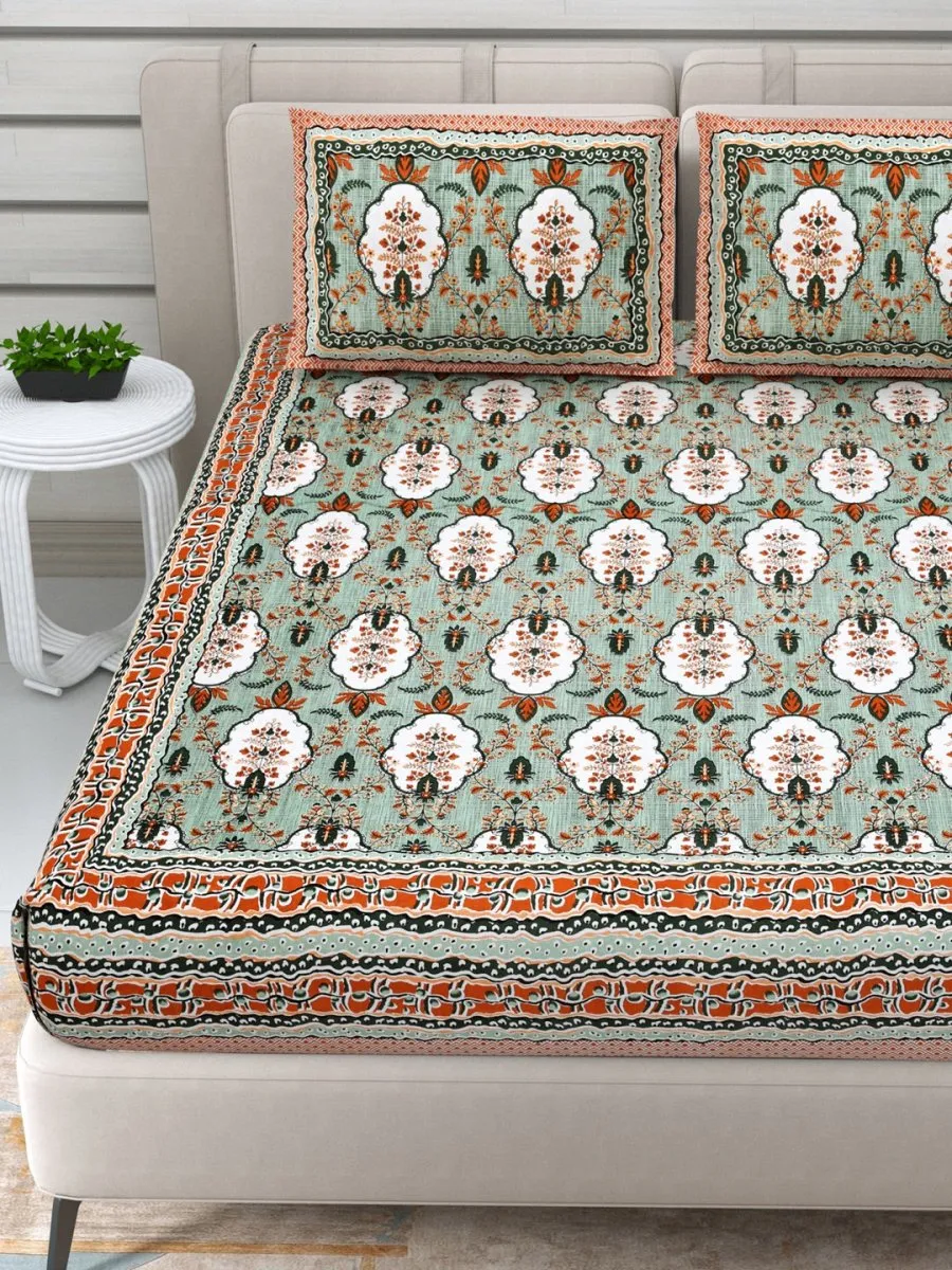 Jaipuri Hand Printed Queen Size Cotton Bedding Set -649