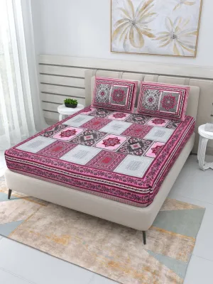 Jaipuri Hand Printed Queen Size Cotton Bedding Set-Pink