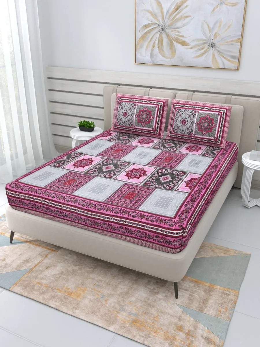 Jaipuri Hand Printed Queen Size Cotton Bedding Set-Pink