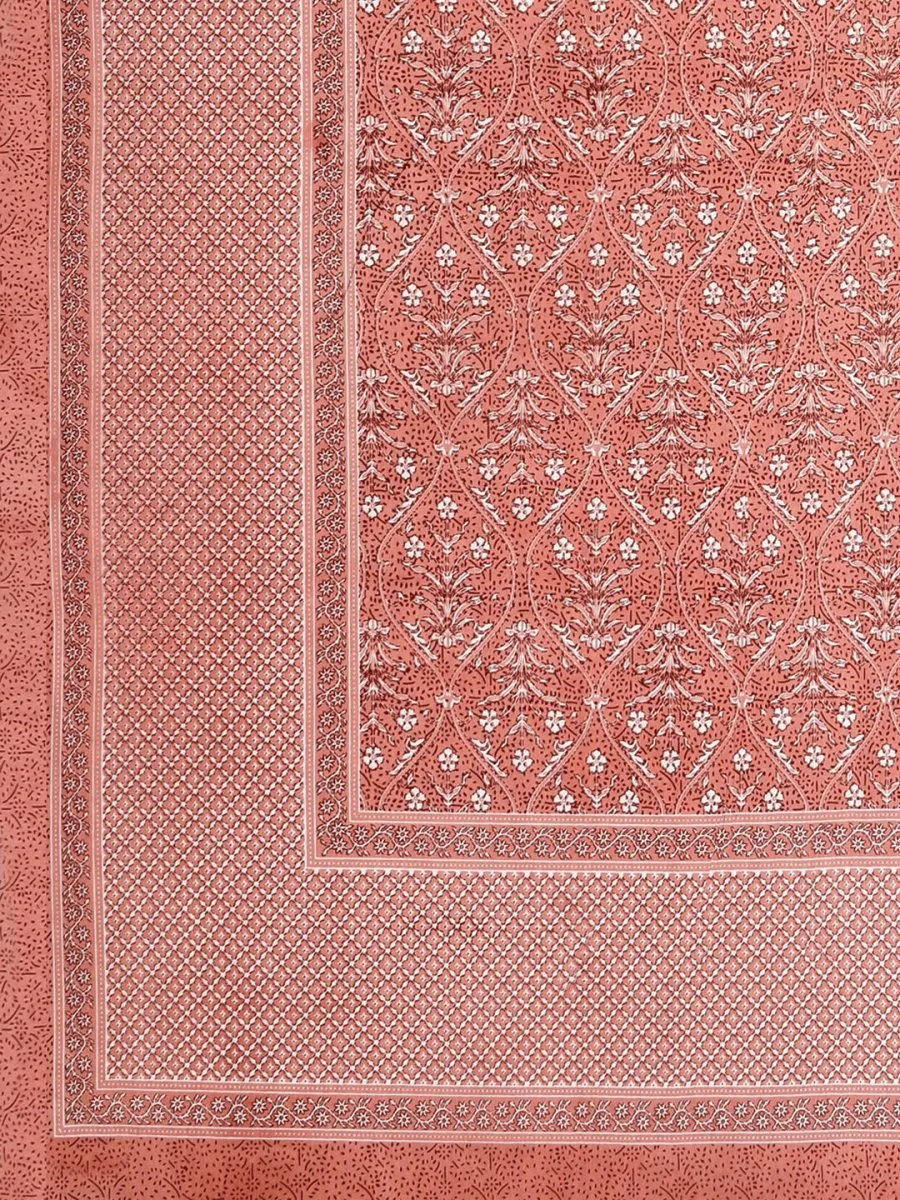 Jaipuri Hand Printed Queen Size Cotton Orange Bedding Set