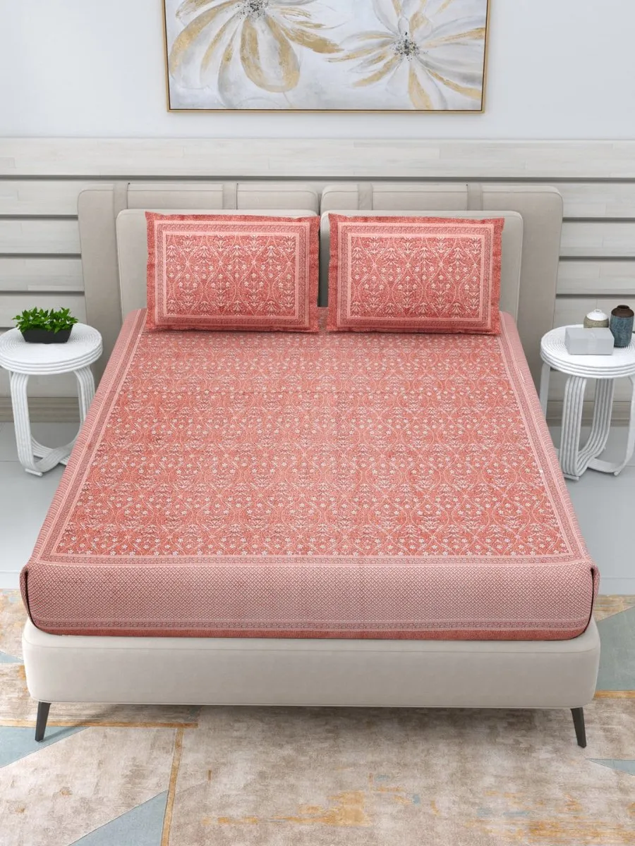 Jaipuri Hand Printed Queen Size Cotton Orange Bedding Set