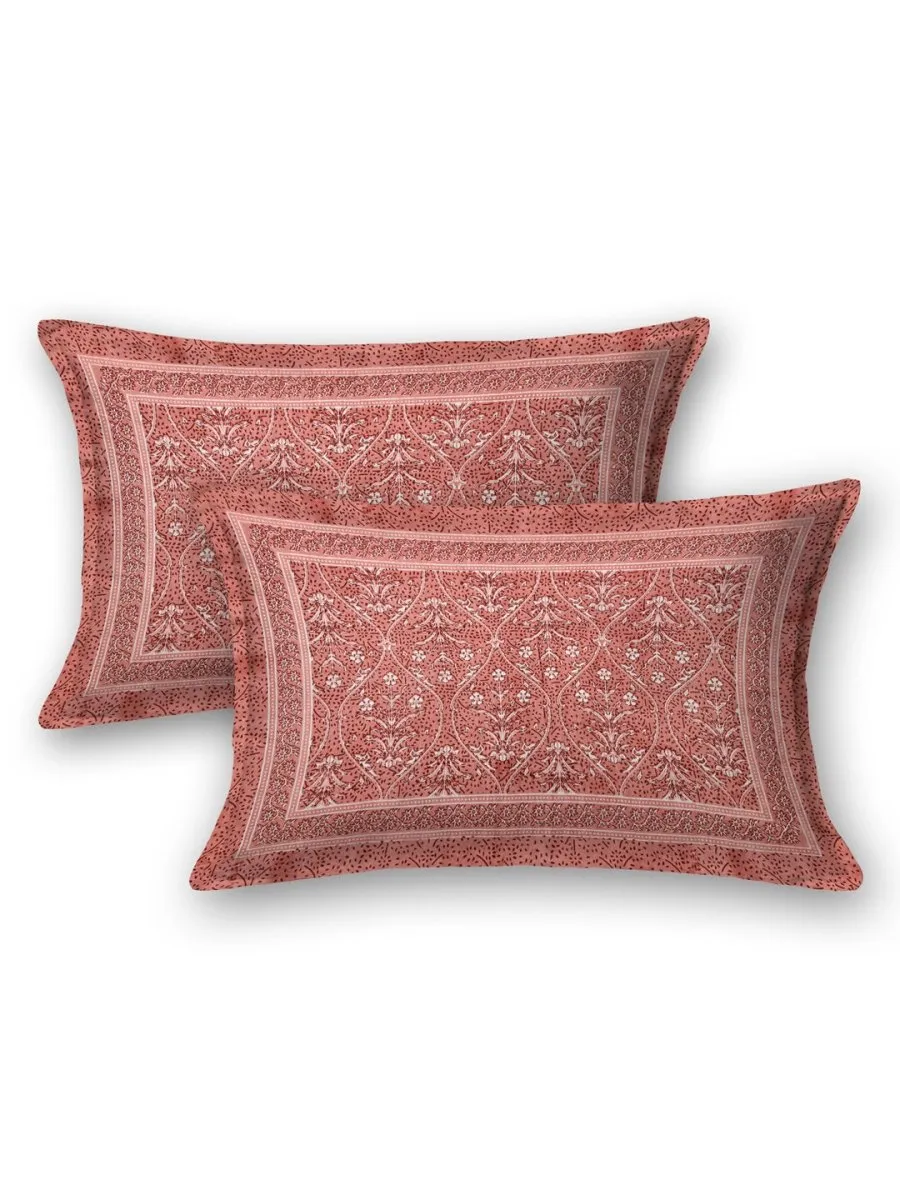 Jaipuri Hand Printed Queen Size Cotton Orange Bedding Set