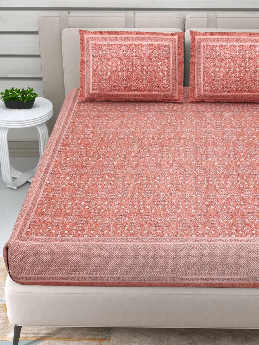 Jaipuri Hand Printed Queen Size Cotton Orange Bedding Set