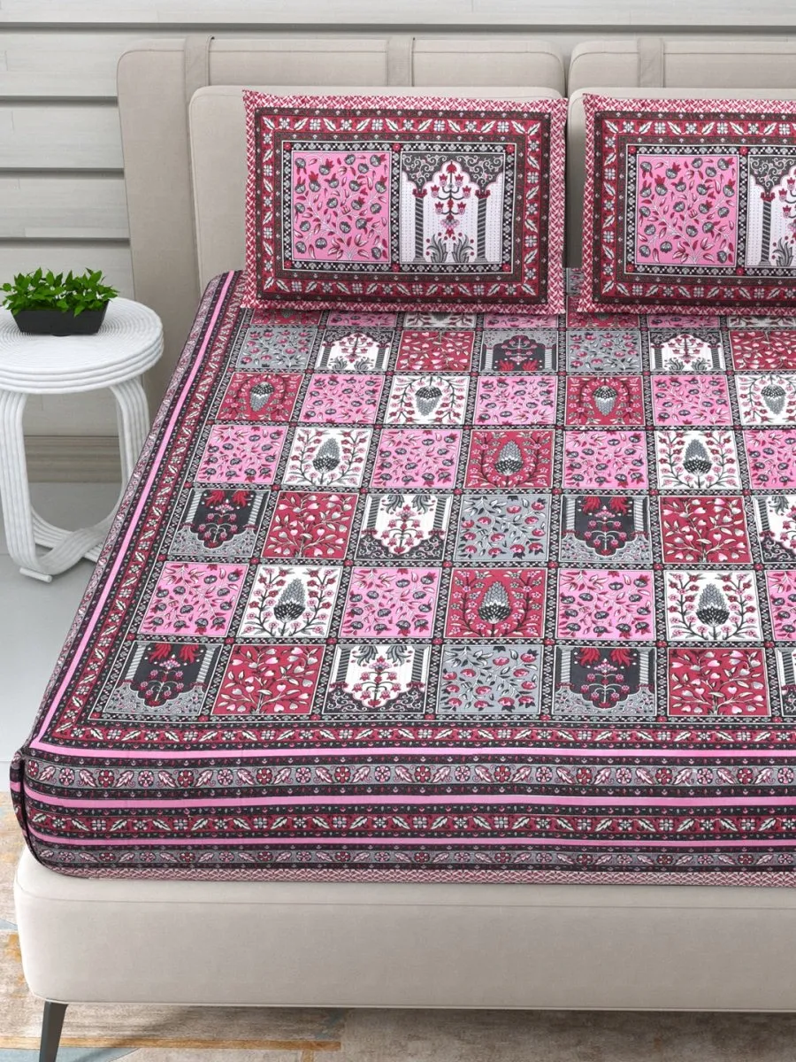 Jaipuri Hand Printed Queen Size Cotton Purple Bedding Set -612