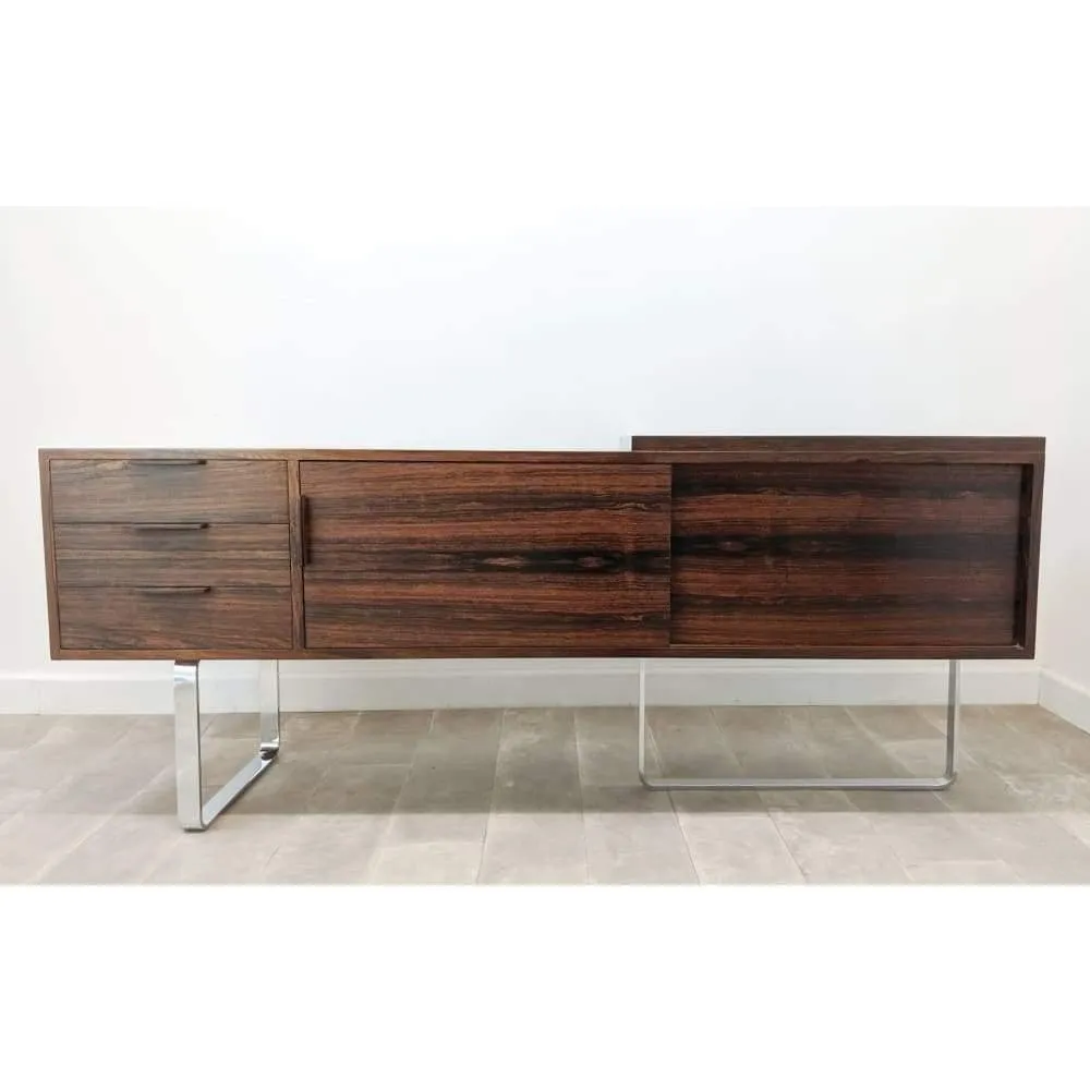 Mid Century Heal's Rosewood Desk Credenza  L Shaped Corner Executive Office Desk With Return Chrome Legs By Robert Heal 1960s