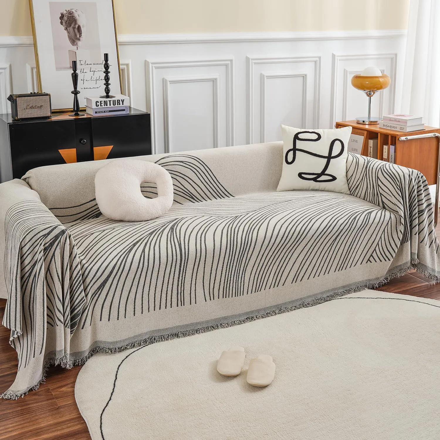 Midnight Black Printed Chenille Sofa Throw | All-Season & Anti-Slip Cover