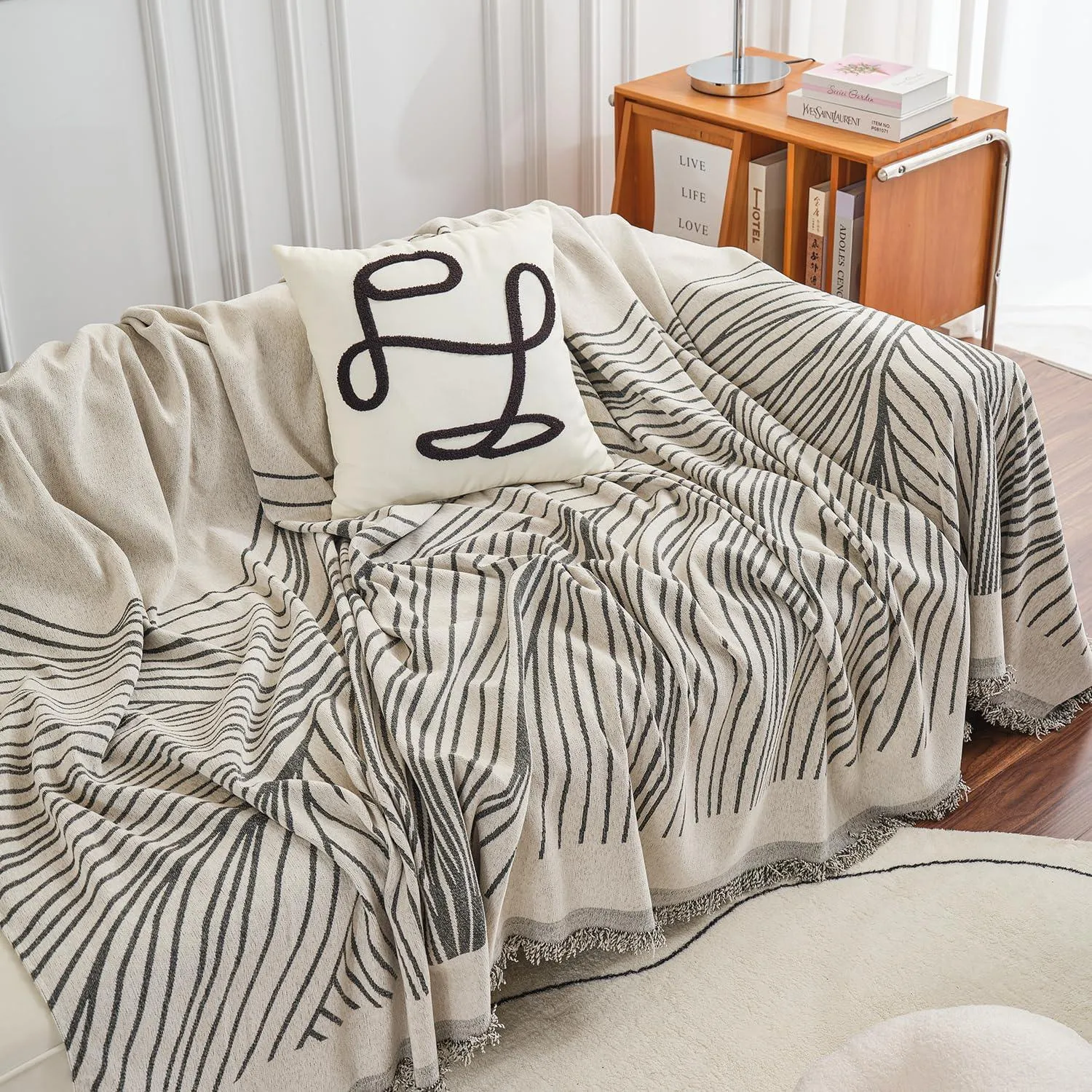 Midnight Black Printed Chenille Sofa Throw | All-Season & Anti-Slip Cover