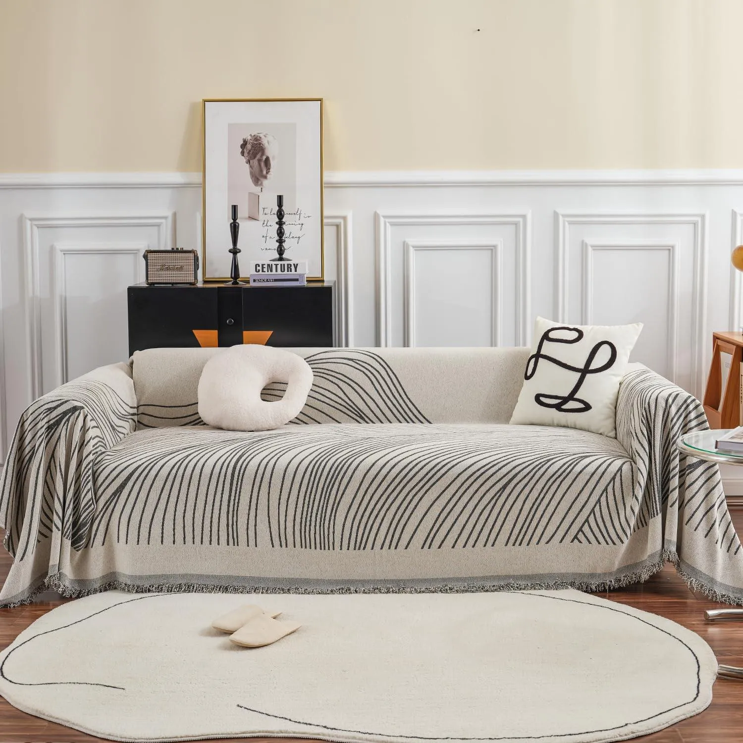 Midnight Black Printed Chenille Sofa Throw | All-Season & Anti-Slip Cover