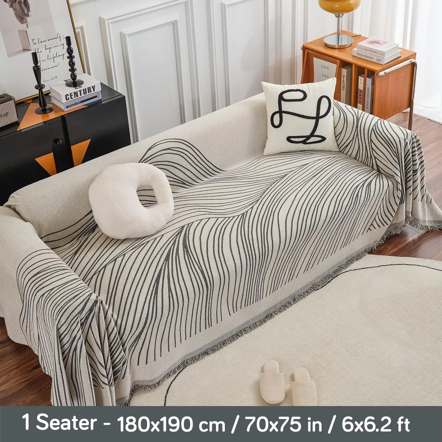 Midnight Black Printed Chenille Sofa Throw | All-Season & Anti-Slip Cover