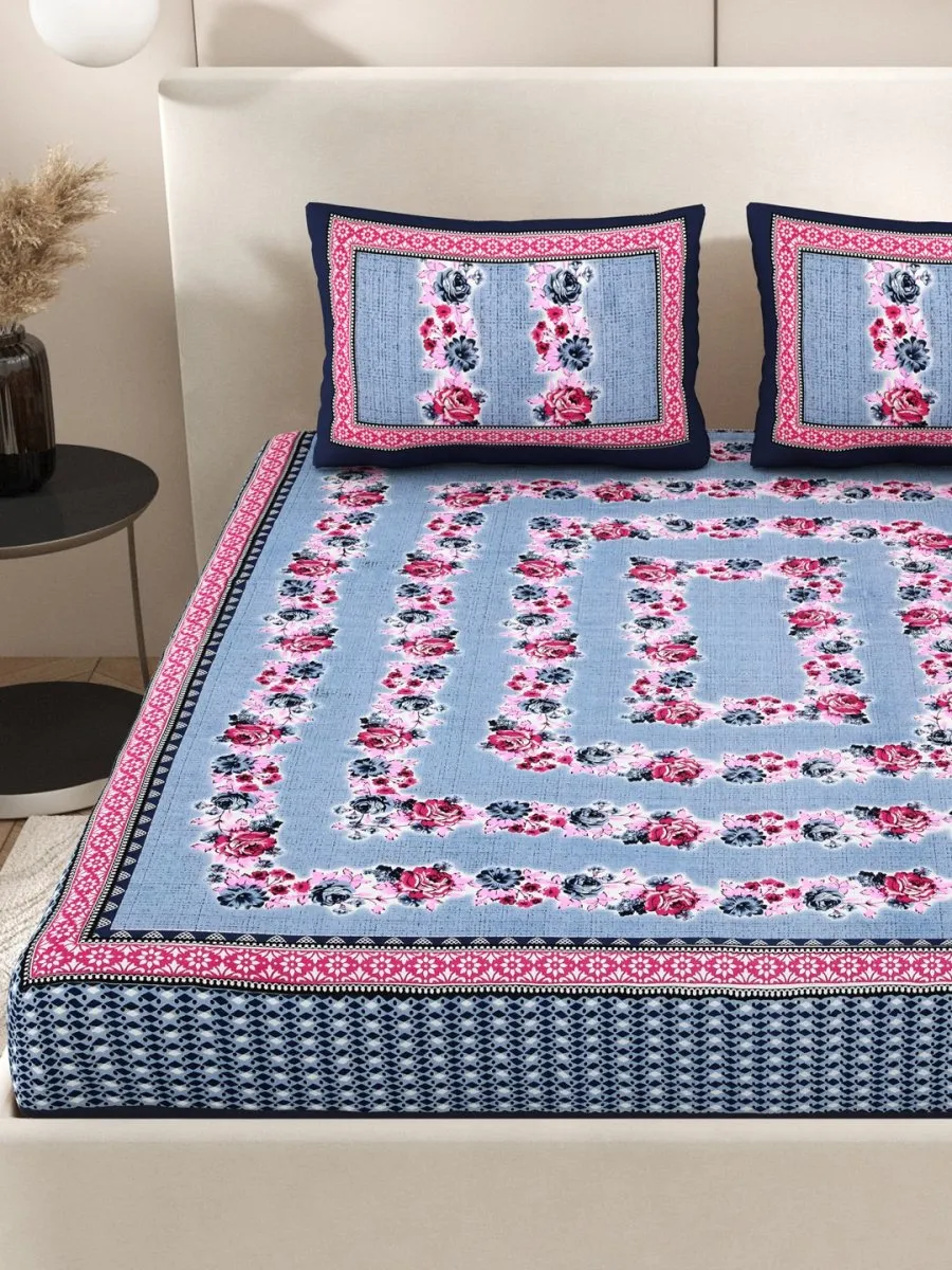 Navy Interiors Floral Hand Block Printed Cotton Queen Size Bedding Set