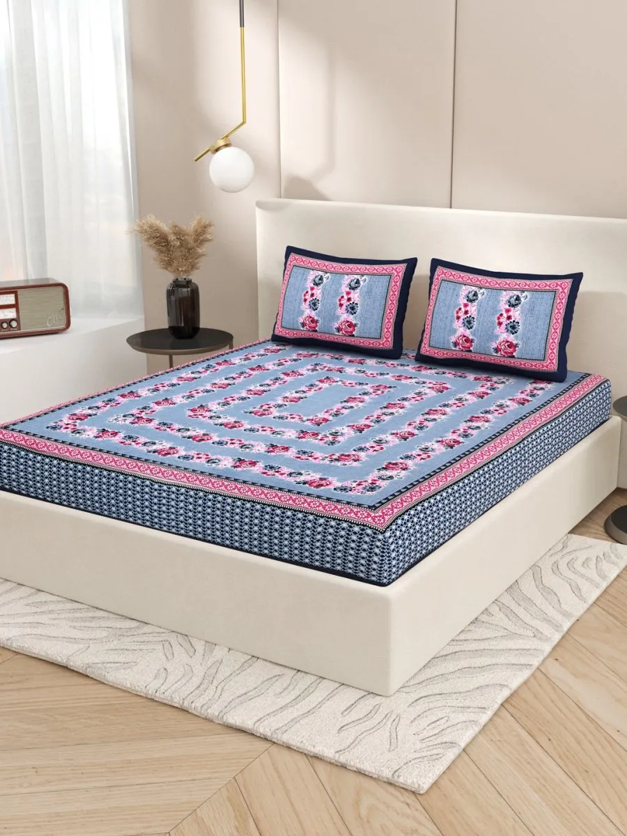 Navy Interiors Floral Hand Block Printed Cotton Queen Size Bedding Set