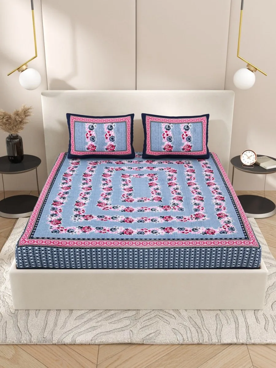 Navy Interiors Floral Hand Block Printed Cotton Queen Size Bedding Set