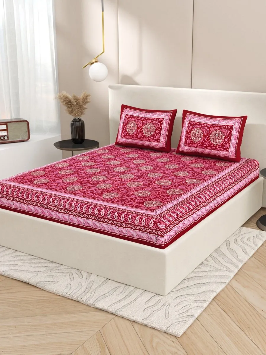 Pink Interiors Hand Block Printed Cotton Queen Size Bedding Set