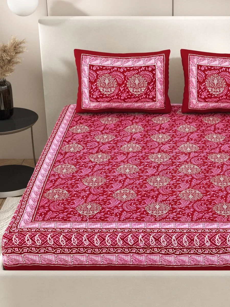 Pink Interiors Hand Block Printed Cotton Queen Size Bedding Set