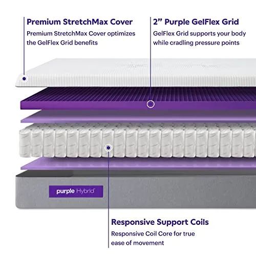 Purple Hybrid Mattress - Queen, Gelflex Grid, Better Than Memory Foam, Temperature Neutral, Individually Wrapped Coils, Responsiveness, Breathability, Made in USA