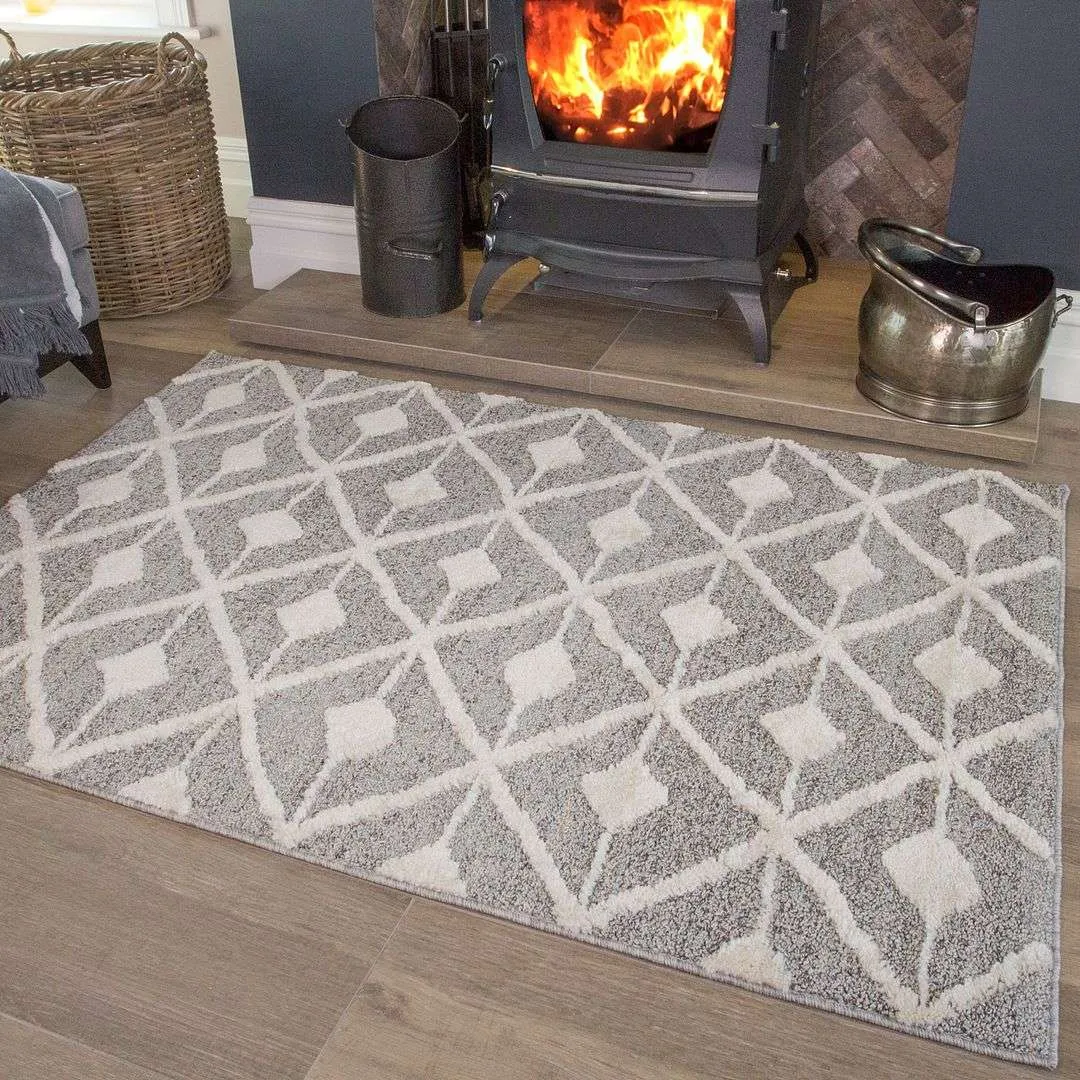 Scandi Grey Cream Tufted Hi Low Pile Rug - Benni