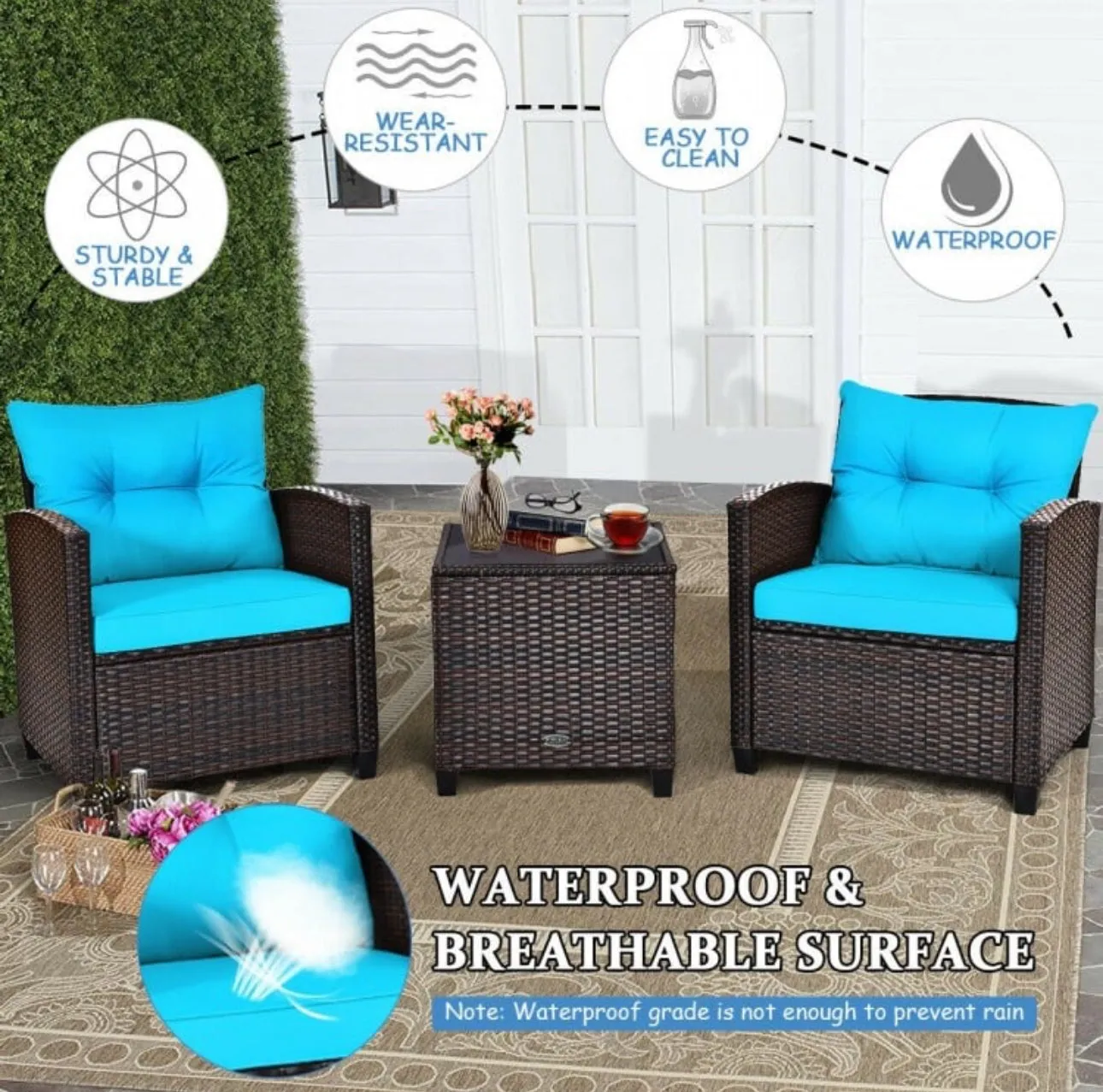 Super Relaxing 3-Piece Heavy Duty Rattan / Wicker Patio Furniture Set With Washable Cushions | Waterproof | 6 Colours