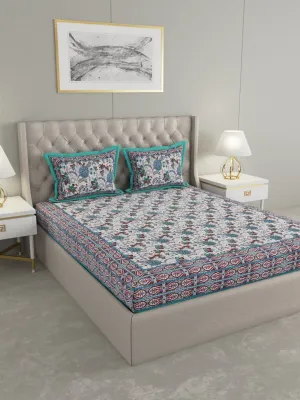 Teal Hand Block Floral Print Cotton King Size Bedding Set