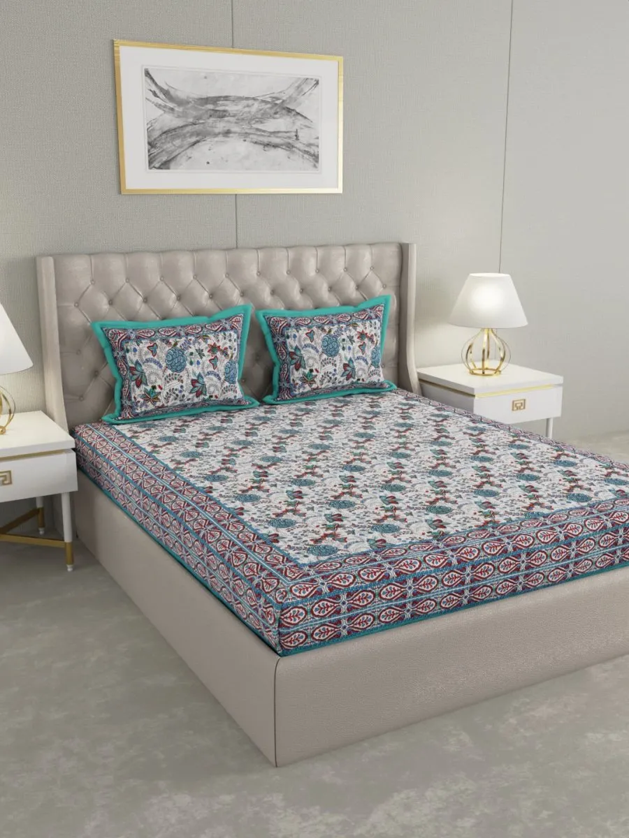 Teal Hand Block Floral Print Cotton King Size Bedding Set
