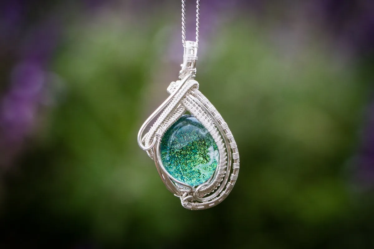 The Soho - Sterling Silver Wire Wrapped Dichroic Glass Pendant with Cremation Ash