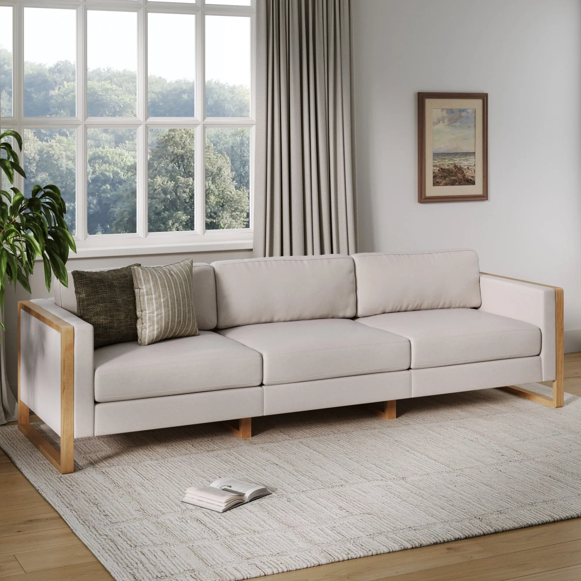 Upholstered 3-Seat Wood Sofa Bisque Linen