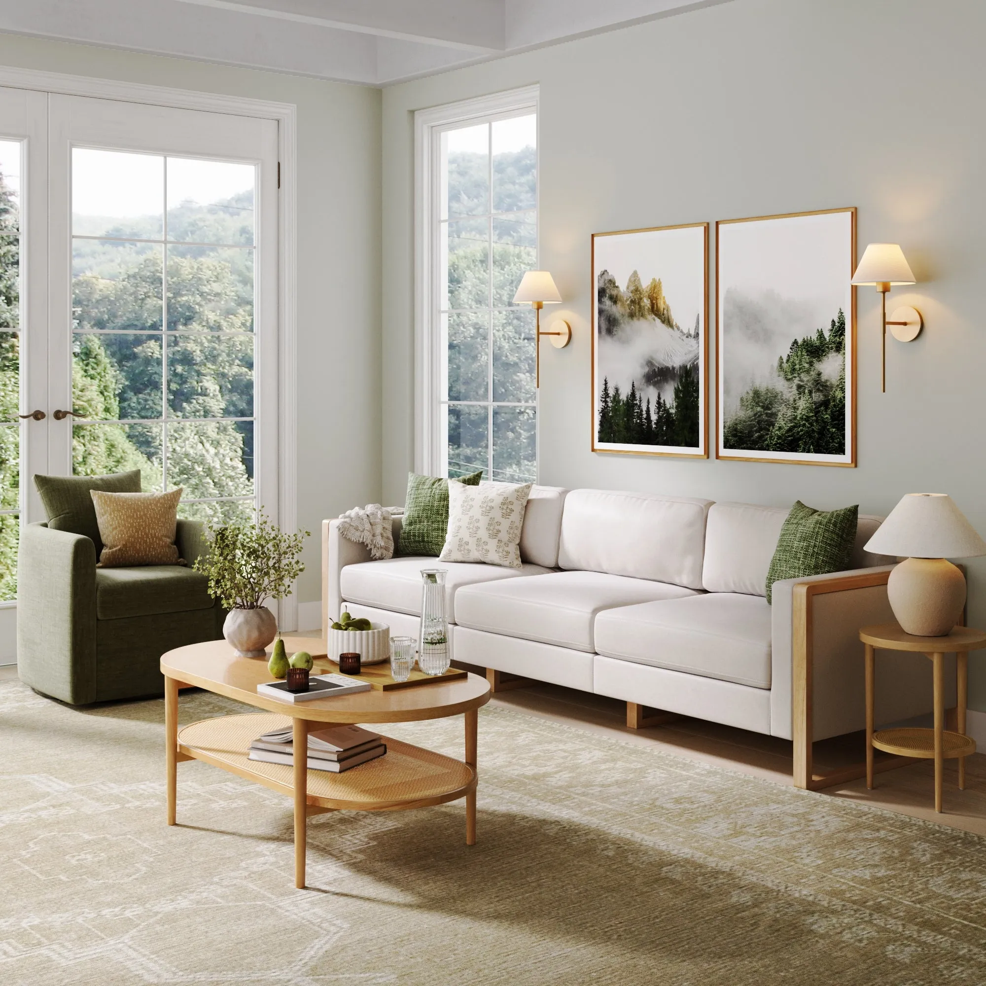 Upholstered 3-Seat Wood Sofa Bisque Linen