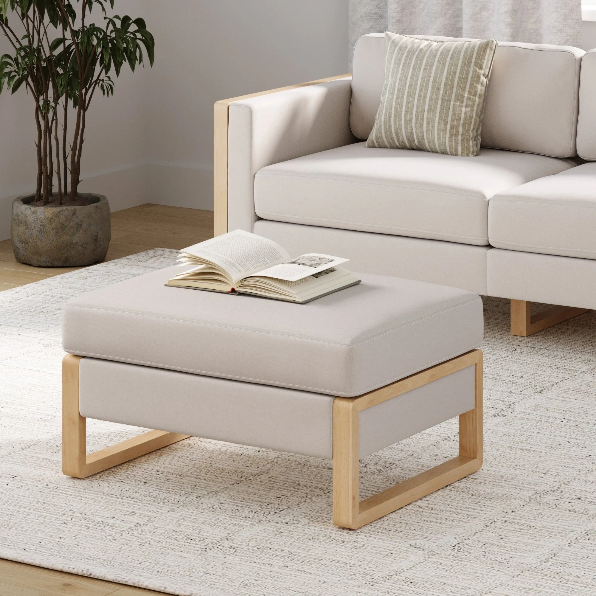Upholstered Ottoman with Storage Bisque Linen