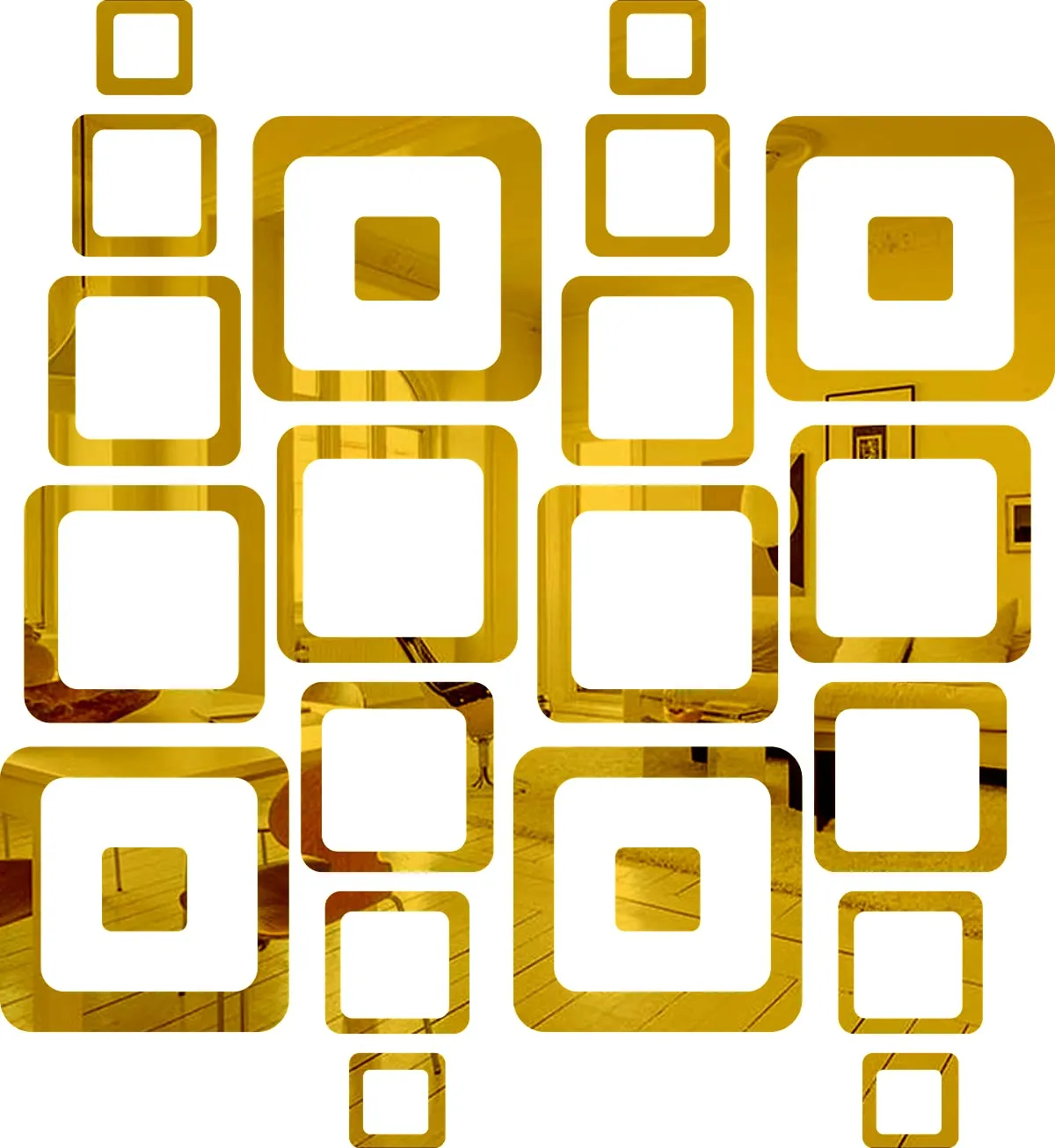 Wall1ders 24 Square Golden Six Size Square Mirror Stickers for Wall, Wall Mirror Stickers, Acrylic Stickers, Wall Stickers for Bedroom Hall