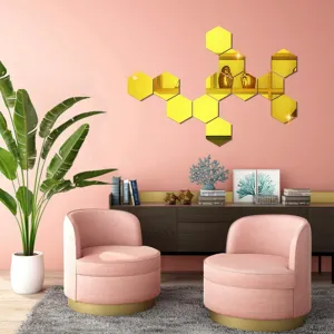 WallWear Mirror Sticker for Home | Mirror Finish Wall Stickers | Pack of 12 (Hexagon Gold) -Self Adhesive Acrylic Sticker, Mirror Stickers for Home & Festivals Decoration