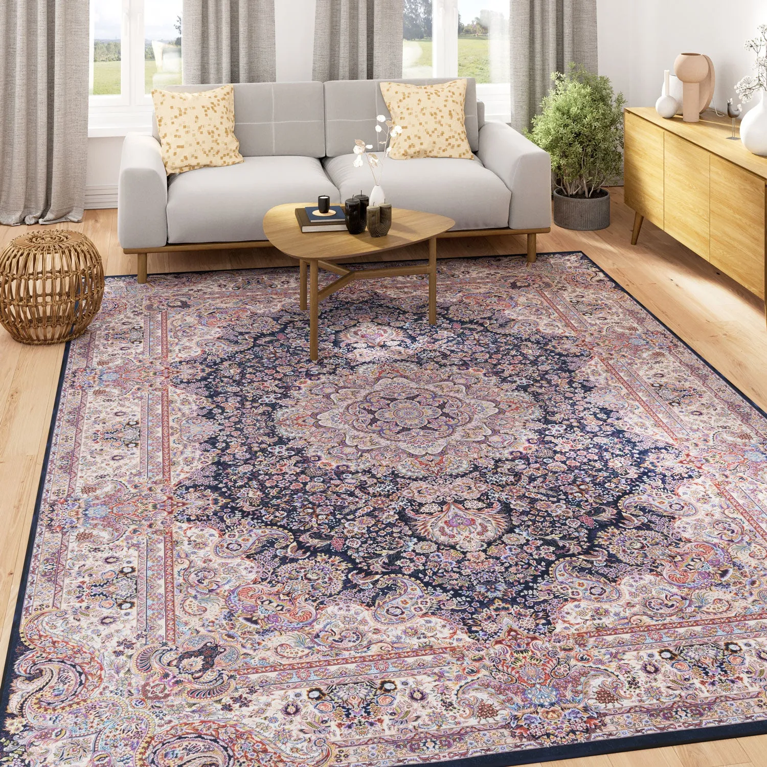 Washable Low Pile Blue Vintage Rug - Darcie