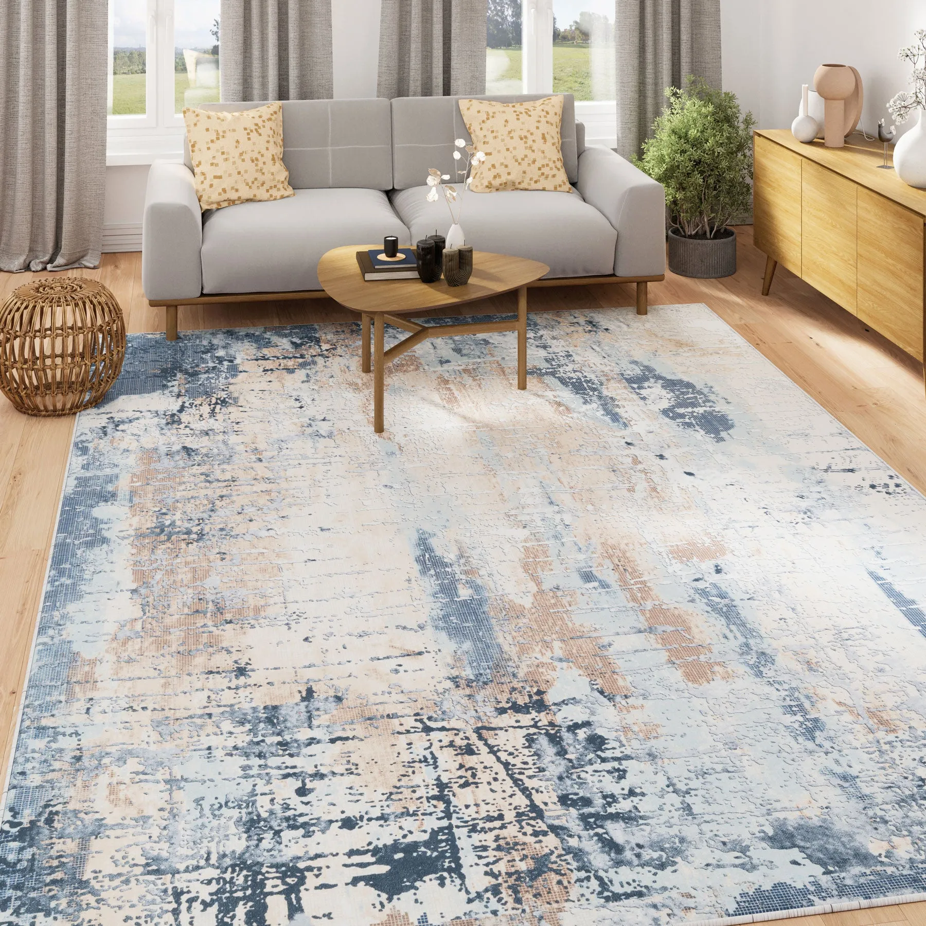 Washable Navy Gold Distressed Rug - Mabel