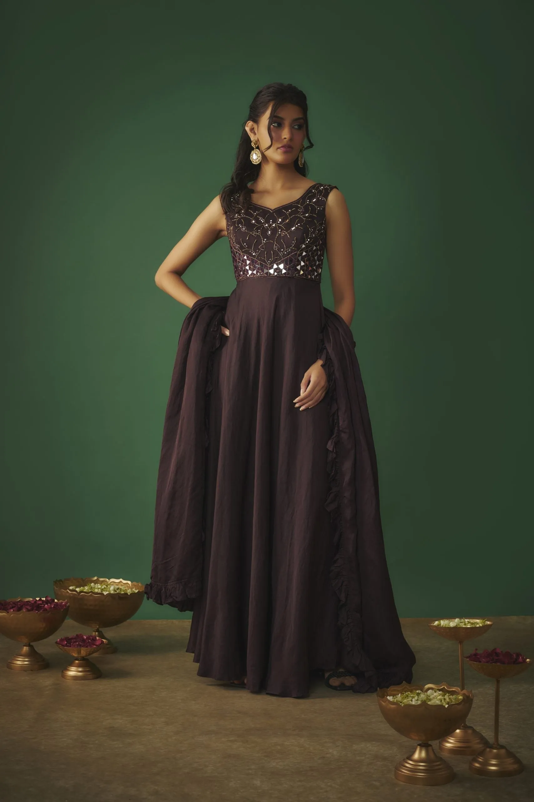 WINE MIRROR EMBROIDERED ANARKALI WITH RUFFLE DUPATTA