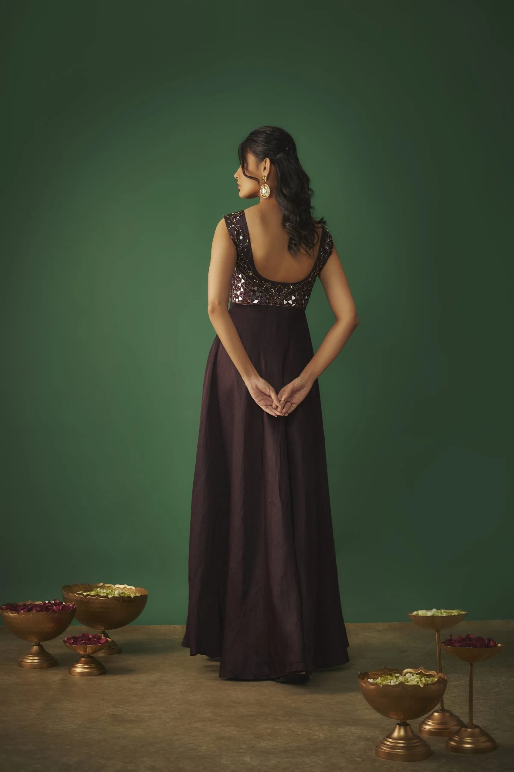 WINE MIRROR EMBROIDERED ANARKALI WITH RUFFLE DUPATTA