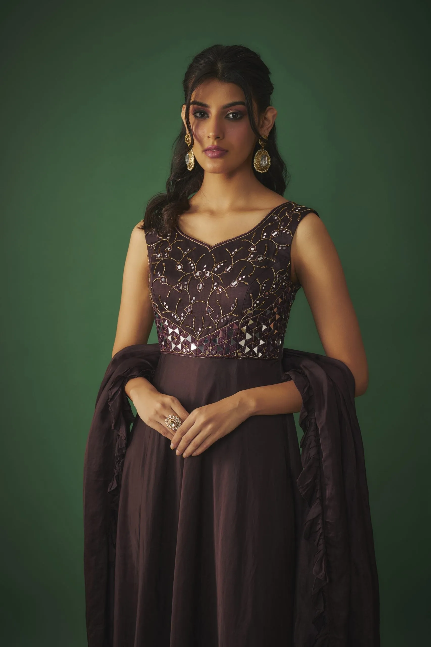 WINE MIRROR EMBROIDERED ANARKALI WITH RUFFLE DUPATTA